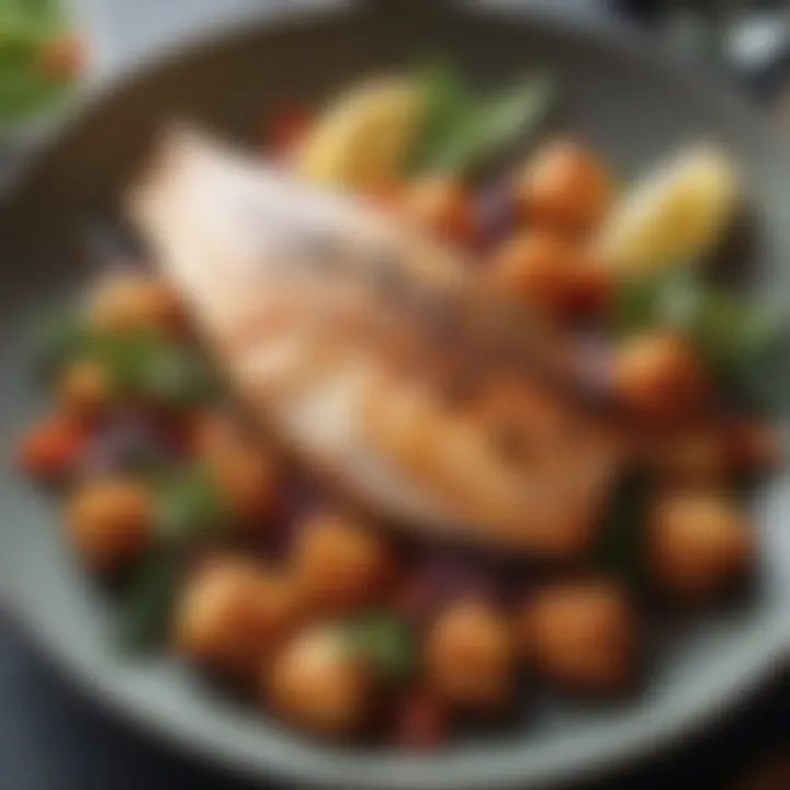 A beautifully plated pan-fried fish with vibrant garnishes