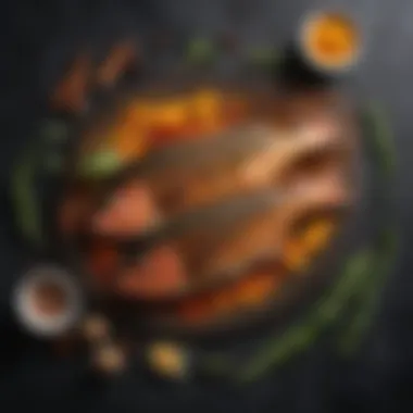 An array of spices and herbs used for seasoning fish