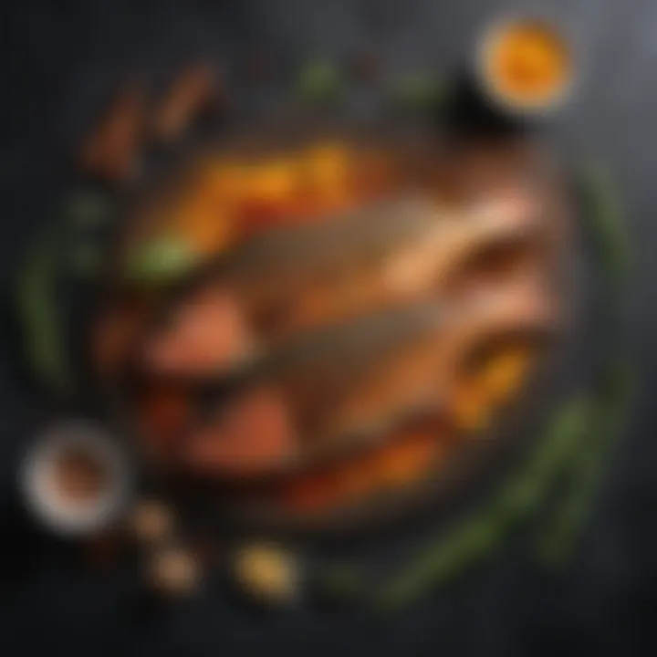 An array of spices and herbs used for seasoning fish