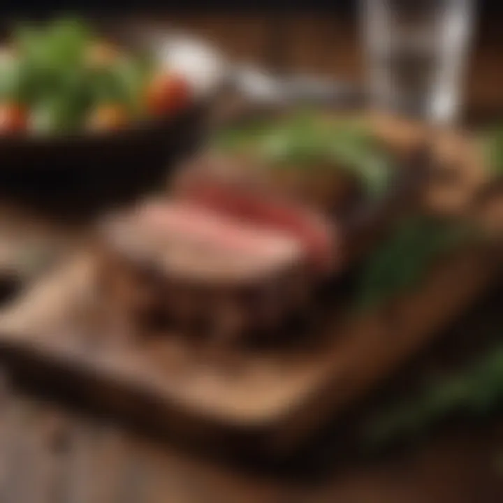 A rustic setting with a steak being garnished with fresh herbs and spices, emphasizing a touch of elegance.