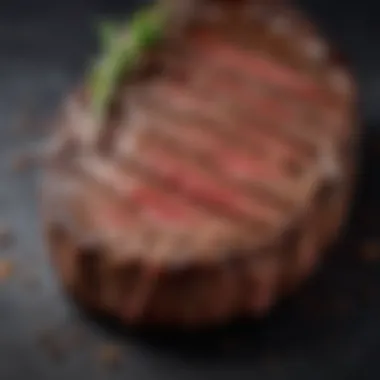 A close-up of a steak with a perfect sear and visible seasoning crystals glistening on the surface.