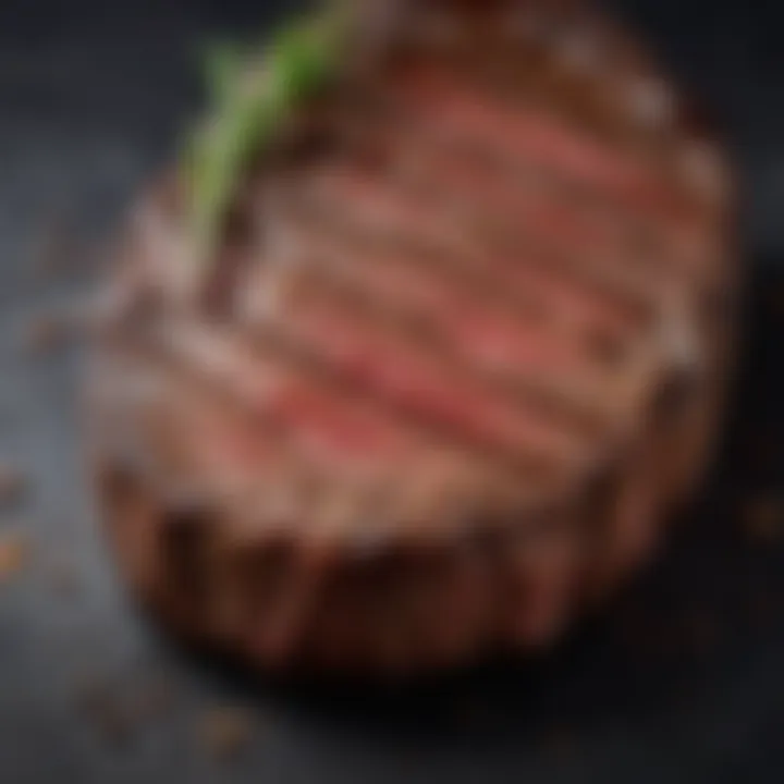 A close-up of a steak with a perfect sear and visible seasoning crystals glistening on the surface.