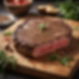 A beautifully seasoned steak resting on a wooden cutting board with herbs and spices around.