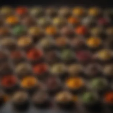 An array of spices and herbs displayed in small bowls, showcasing vibrant colors and textures.