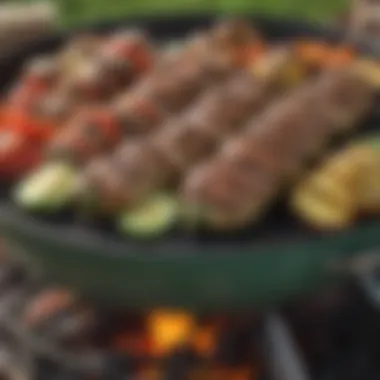 A Green Egg grill with perfectly grilled meats and vegetables