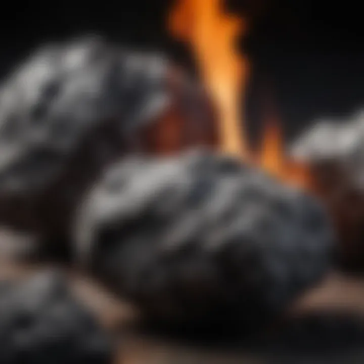 Close-up of natural lump charcoal burning brightly