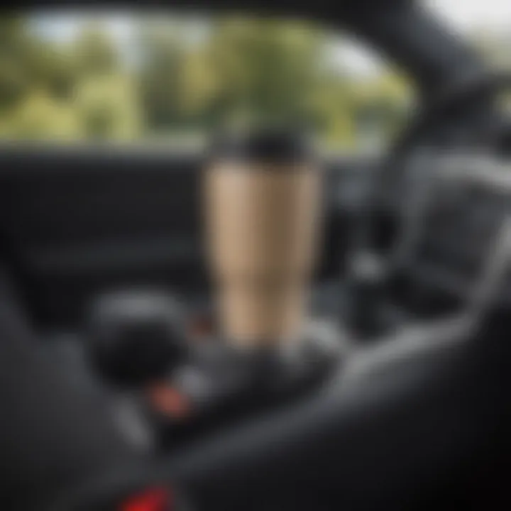 A heated travel mug connected to a car's power outlet, emphasizing its practical usage on the go.