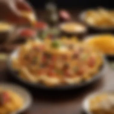 Gourmet Presentation of Nachos with Cheese A beautifully plated dish featuring nachos topped with a golden drizzle of nacho cheese sauce.
