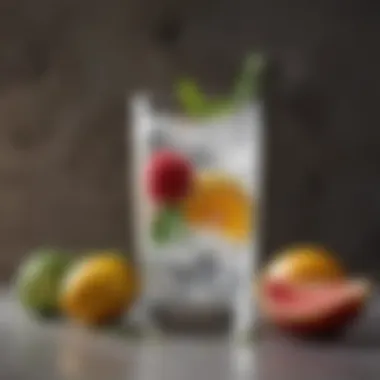 A refreshing glass of seltzer garnished with fresh fruits and herbs, exuding a thirst-quenching appeal.