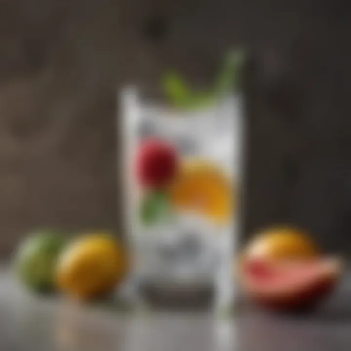 A refreshing glass of seltzer garnished with fresh fruits and herbs, exuding a thirst-quenching appeal.