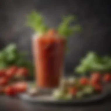 Exquisite Garnish in a Caesar Bloody Mary An elegantly crafted Caesar Bloody Mary garnished with fresh vegetables and herbs
