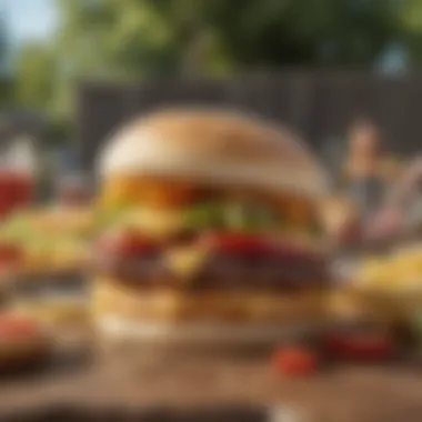 Gathering Around the Chile Cheeseburger A backyard barbecue scene with chile cheeseburgers being enjoyed