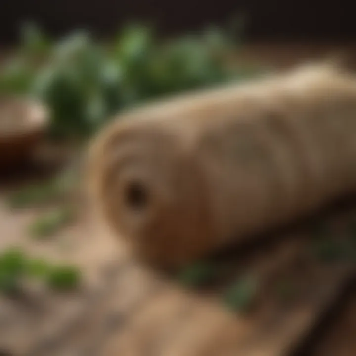 Close-up of a rustic baking twine roll next to fresh herbs on a wooden surface.