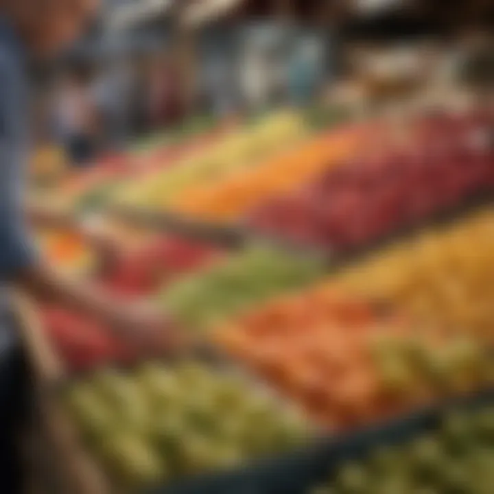 A close-up of a person selecting fruits from a market stall.