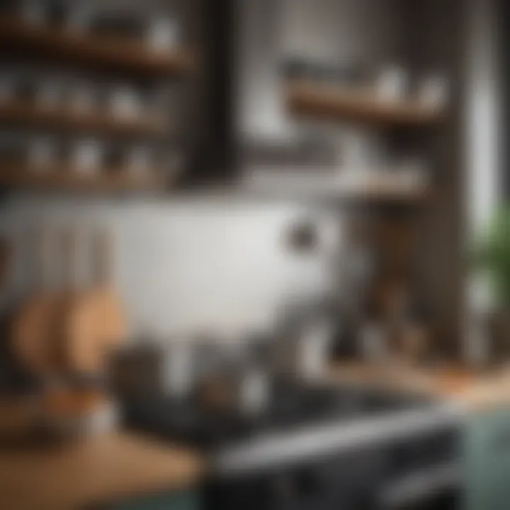 An organized kitchen with different types of non-stick pans arranged neatly
