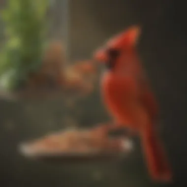 A close-up of a cardinal feeding on seeds from a bird feeder.