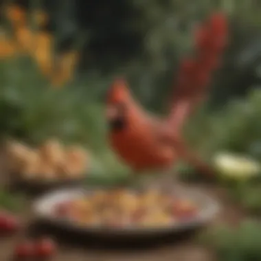 A cardinal foraging in a garden, surrounded by various types of food.