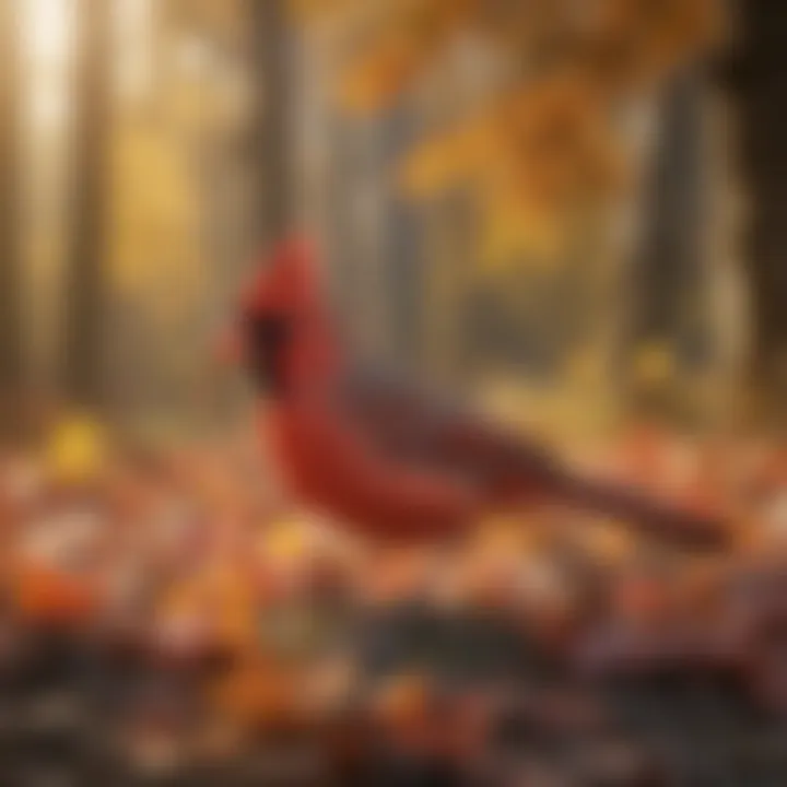 A seasonal representation of a cardinal amidst autumn foliage.