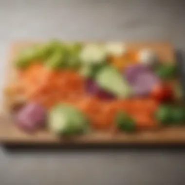 Sliced vegetables arranged aesthetically on a cutting board