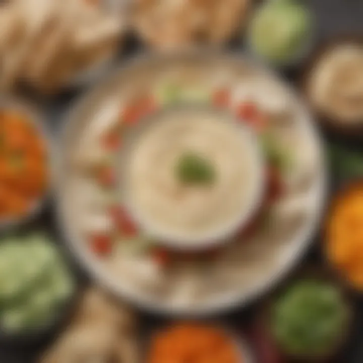 Fresh vegetables and pita bread arranged alongside hummus