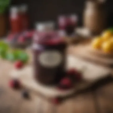 A vibrant jar of bumbleberry jam on a rustic kitchen table