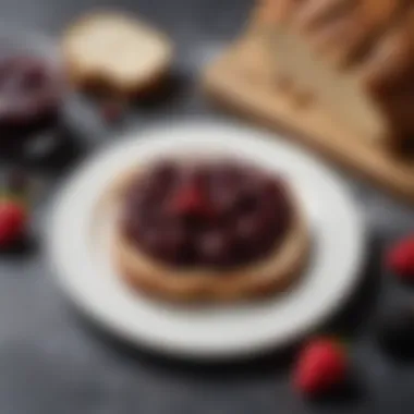 Freshly made bumbleberry jam spread on a slice of artisan bread