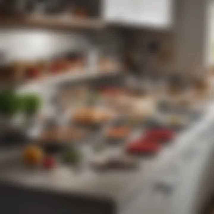 A close-up of a well-organized kitchen workspace, emphasizing efficient tools and streamlined setup.