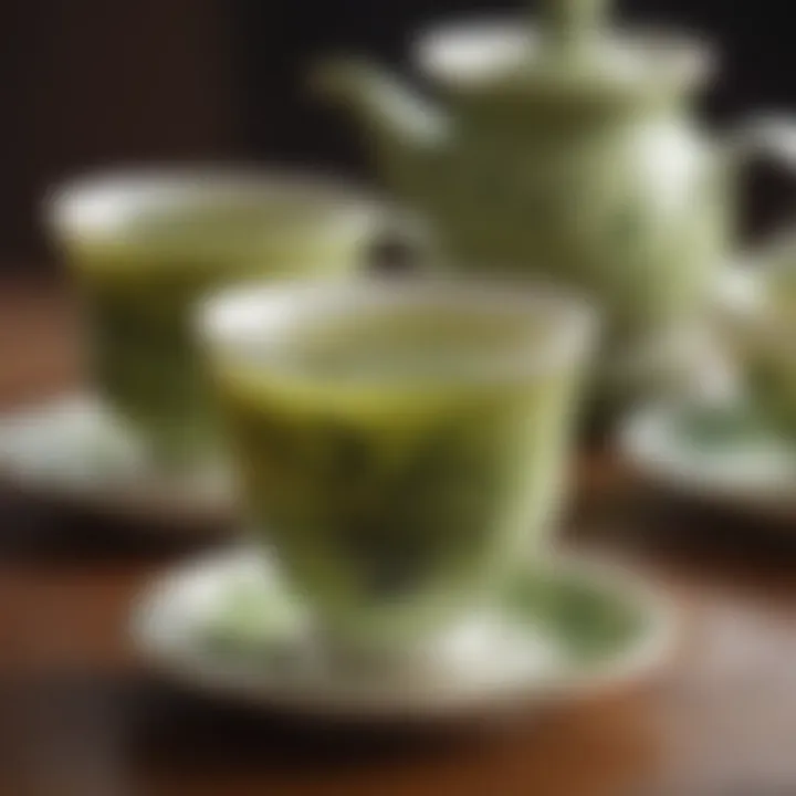 Elegant ceramic teacups filled with brewed green tea