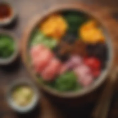 Beautifully Arranged Nori Poke Bowl A beautifully arranged nori poke bowl on a wooden table