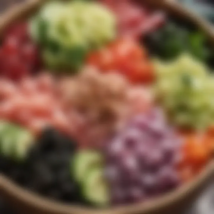 Close-up of the colorful toppings in a poke bowl