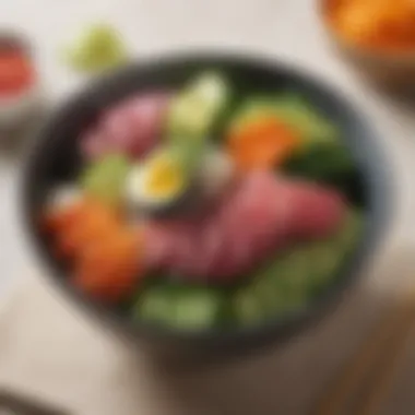Elegant Presentation of Nori Poke Bowl An elegant presentation of a nori poke bowl with garnishes