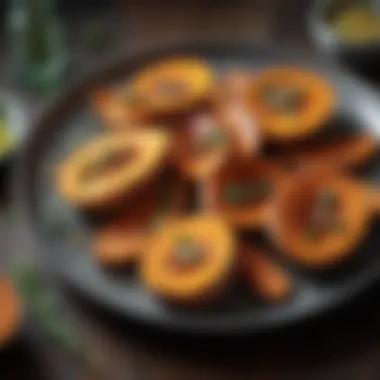 Gourmet Roasted Sweet Potatoes A colorful plate featuring a beautifully arranged dish of roasted sweet potatoes garnished with herbs
