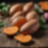 Vibrant sweet potatoes on a rustic wooden table showcasing their natural colors and textures