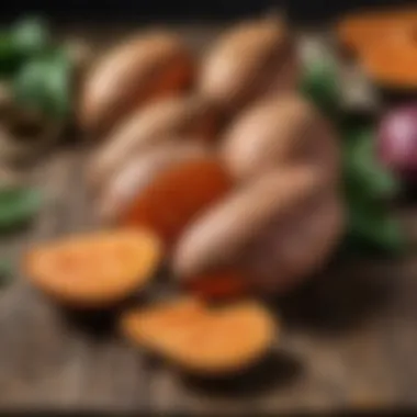 The Beauty of Sweet Potatoes Vibrant sweet potatoes on a rustic wooden table showcasing their natural colors and textures