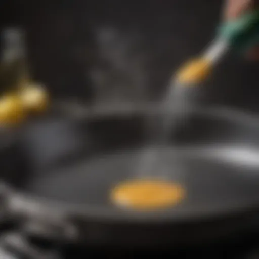 A close-up of a non-stick pan with a fine mist of cooking spray