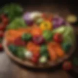 A colorful assortment of fresh vegetables arranged aesthetically on a wooden platter.