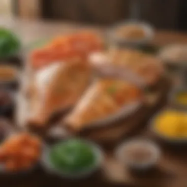 A variety of lean protein sources including chicken breast, fish, and legumes displayed on a rustic table.