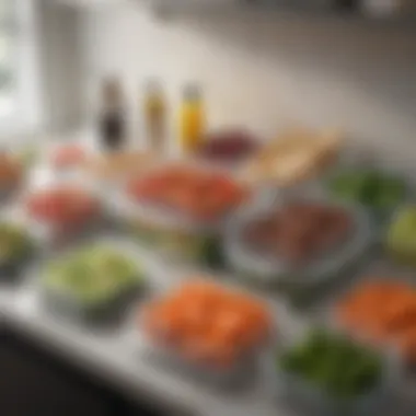 An organized meal prep station featuring containers filled with balanced portions of proteins and vegetables.