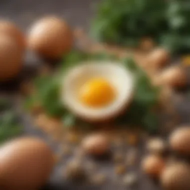 An assortment of grains and greens illustrating a hen's diet affecting yolk color.