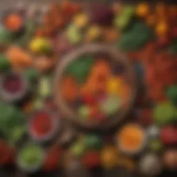 A colorful array of fresh vegetables and fruits on a wooden table