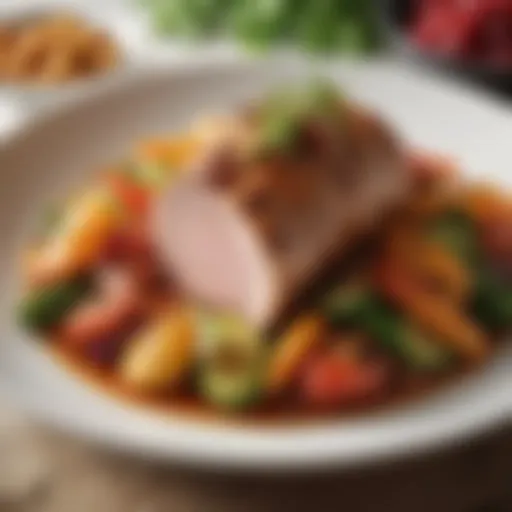 A beautifully plated pork dish with vibrant vegetables