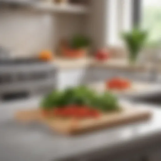 A sleek thin plastic cutting board placed on a kitchen counter with fresh vegetables.