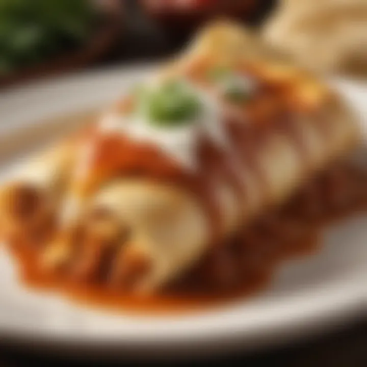 A close-up of a cheese-filled enchilada with sauce