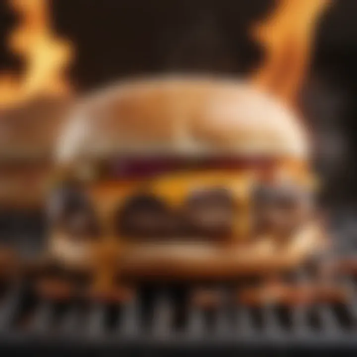 Perfectly smashed burger patty on a grill with flames in the background