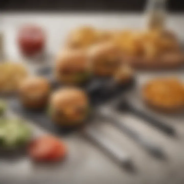 A variety of smash burger tools displayed on a kitchen countertop