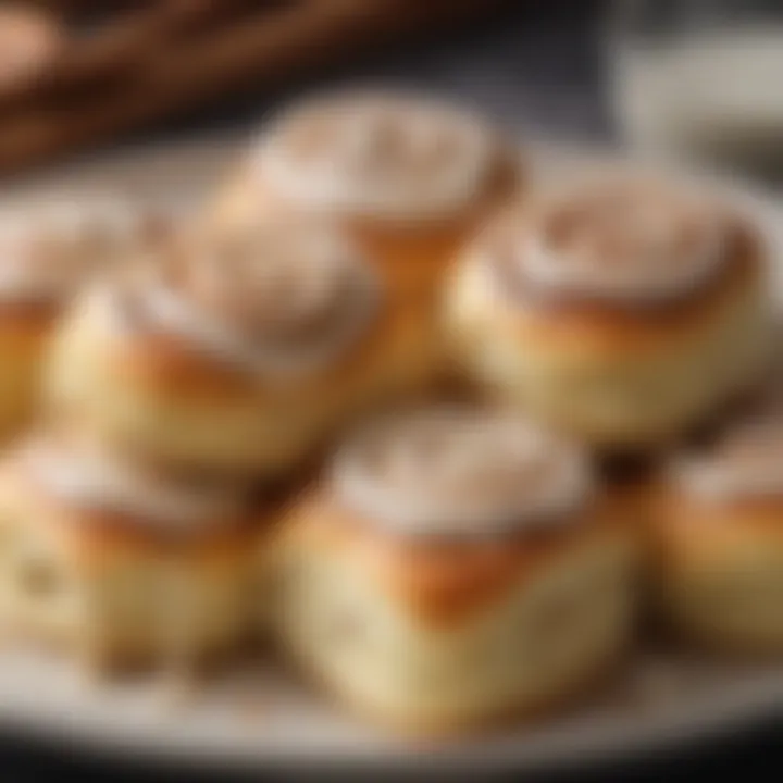 Sour cream icing drizzled over freshly baked cinnamon rolls