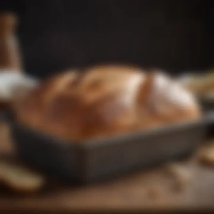 Freshly baked artisan bread in a stone loaf pan