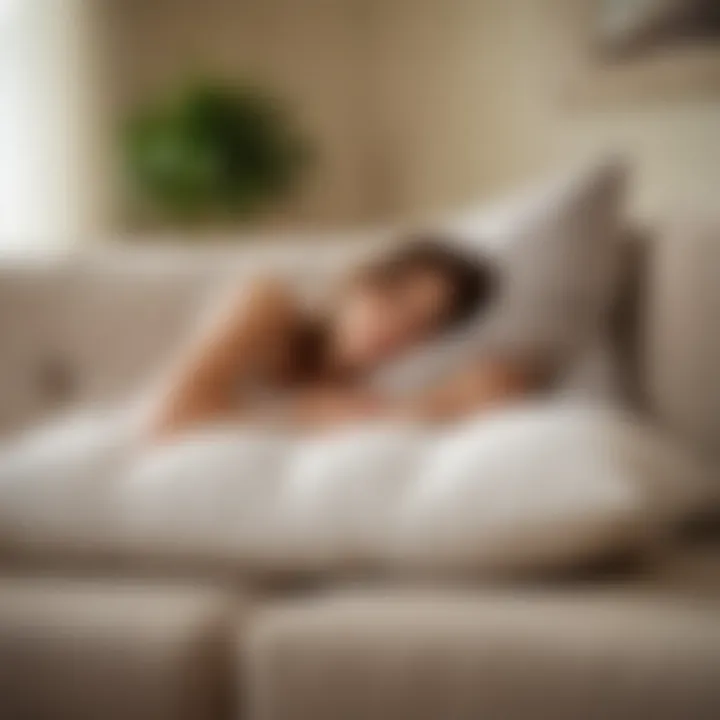 An individual relaxing on a couch with a weighted plush pillow, exuding tranquility.