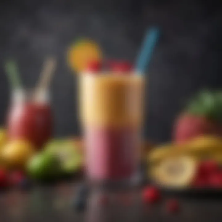 A glass of thick smoothie topped with fresh fruits