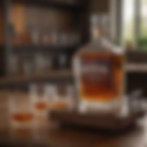 Elegant whiskey decanter set displayed on a wooden bar cart